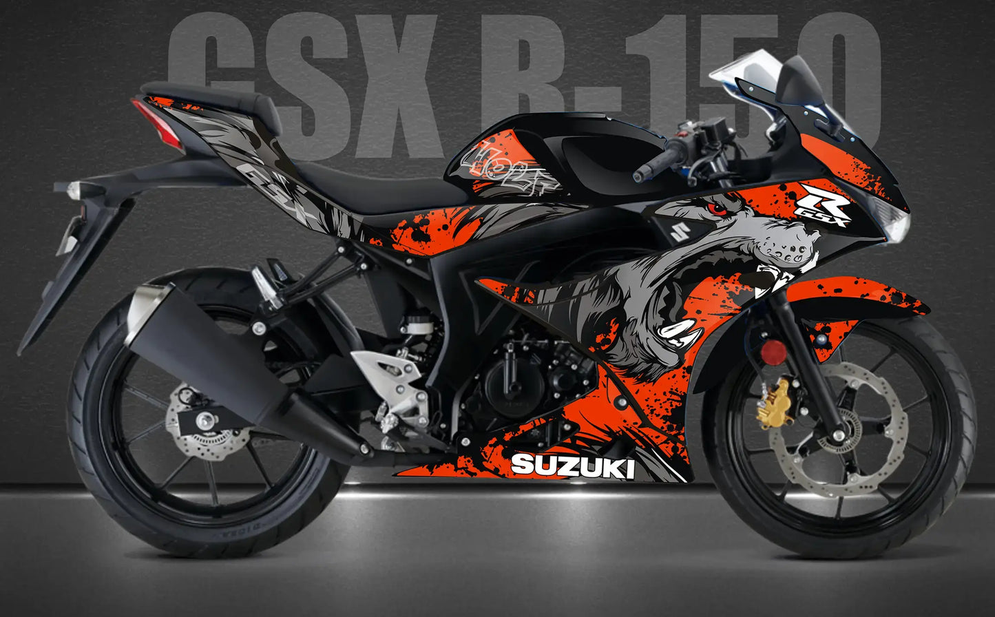 GSXR 150 motorcycle with Wolf Decal in black and orange, displayed on a product page. Text "GSX R-150" in the background.